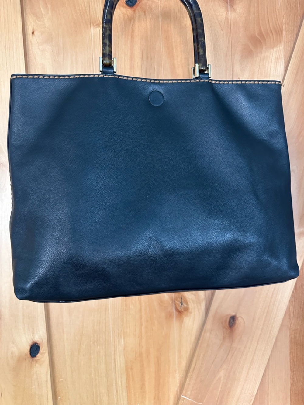 Plinio Visona Italy Black Leather Tote Tortoiseshell Handles Large Shoulder Bag